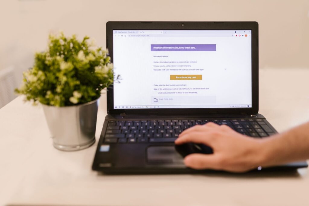 Person reading an email on a laptop beside a potted plant
